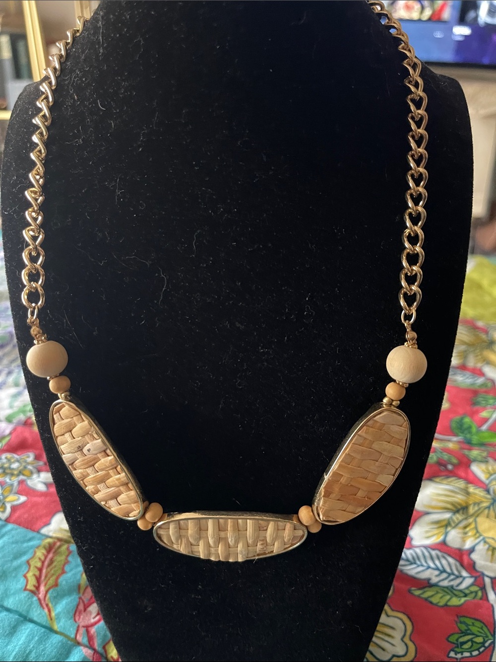 Neutral Woven Wood Pendant Necklace with Gold Chain